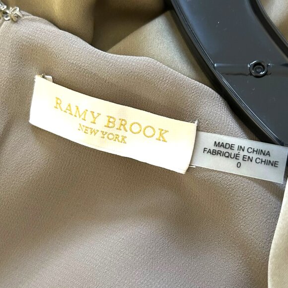 Ramy Brook Olive Satin Faux Wrap Short Dress Flutter Sleeves Tie V-Neck Sz 0 - Picture 5 of 6